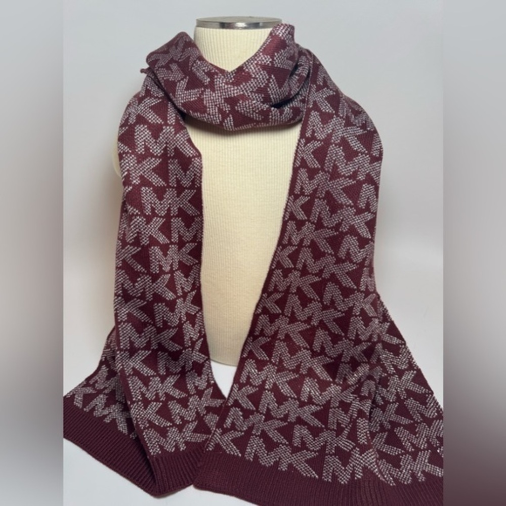 Michael Kors Scarf Winter Burgundy Glitter Silver Monogram Designer Accessory